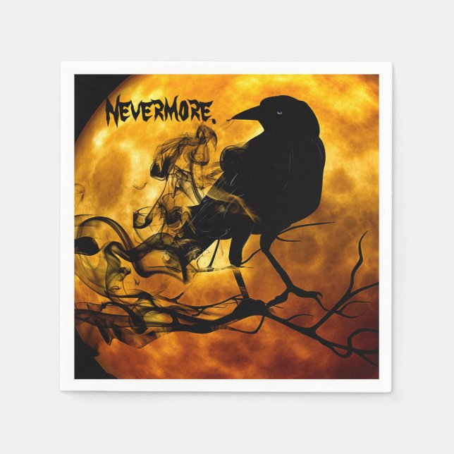 Cool Black Raven Crow Orange Moon Halloween Party Napkins (Front)