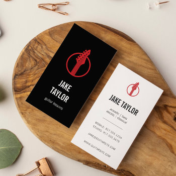 Cool Black & Red Guitar Lessons Vertical Business Card by RedwoodAndVine at Zazzle