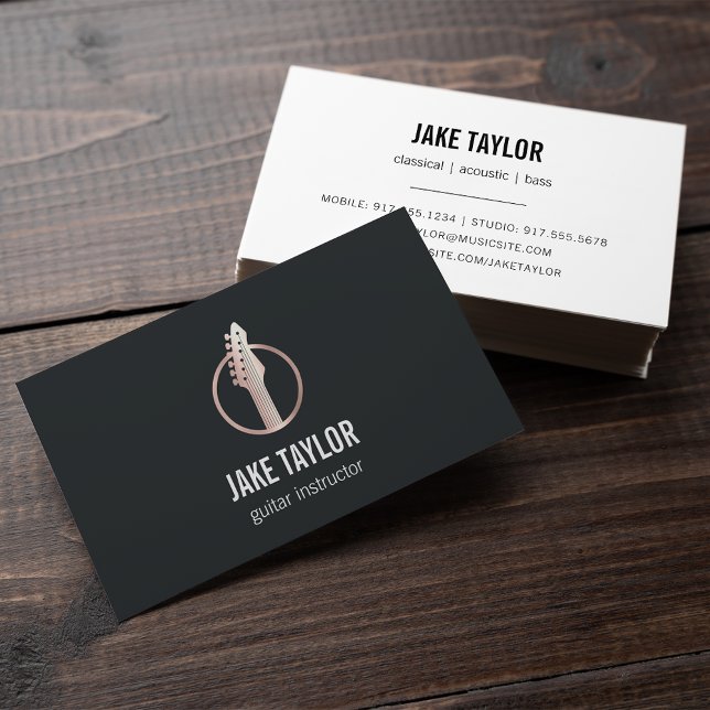 Cool Black & Rose Gold Guitar Lessons Business Card (Creator Uploaded)