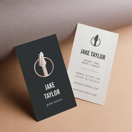 Cool Black  Rose Gold Guitar Lessons Vertical Business Card