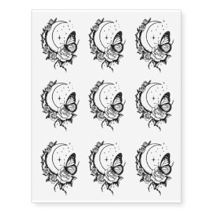 Cool Black Roses Crescent Moon & Butterfly Temporary Tattoos