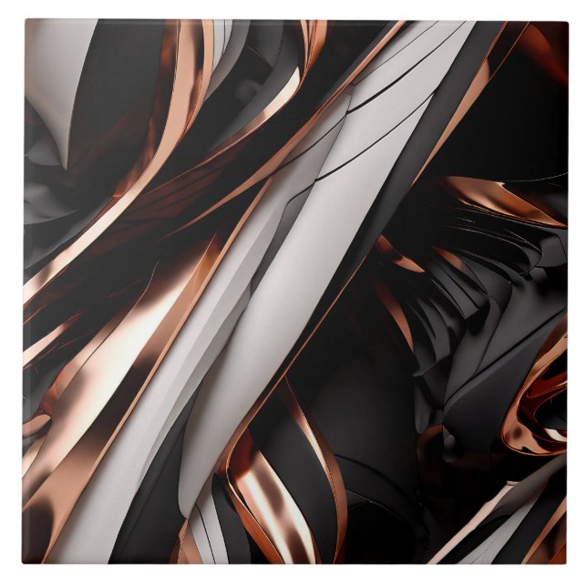 Cool Black, Silver and Copper Abstract 3D Effect Ceramic Tile (Front)