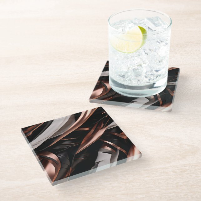 Cool Black, Silver and Copper Abstract 3D Effect Glass Coaster (Angled)