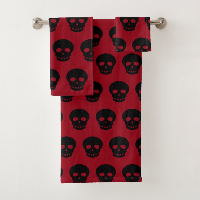 Cool Black Skull Pattern Burgundy Bath Towel Set (Insitu)