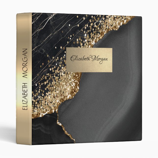 Cool Black Stone Granite Marble,Gold Sequins 3 Ring Binder (Front/Spine)