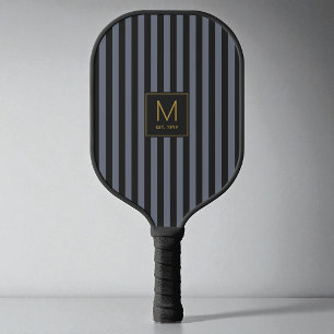 Cool Black Striped Modern Gold Initial Monogram Pickleball Paddle