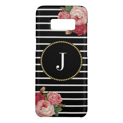 Cool Black Striped Vintage Pink Floral Monogram Case-Mate Samsung Galaxy S8 Case