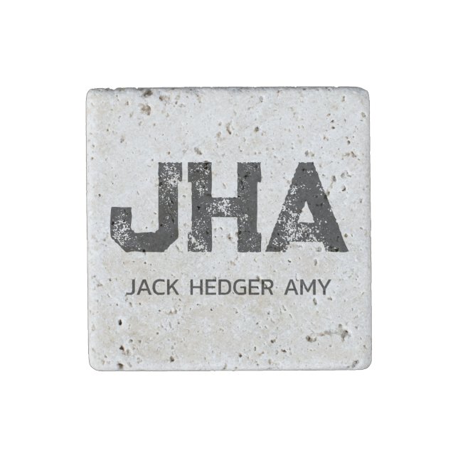 COOL BLACK THREE LETTER MONOGRAM NAME TRAVERTINE STONE MAGNET (Front)