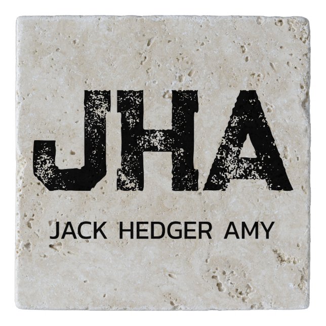 COOL BLACK THREE LETTER MONOGRAM NAME TRAVERTINE TRIVET (Front)