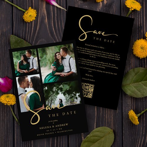 Cool Black Trend 4 Multi Photos Collage QR Wedding Save The Date