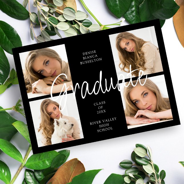 Cool Black Trendy Collage Graduate 4 Multi Photos Invitation (Creator Uploaded)