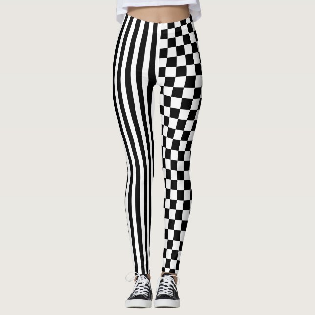 Cool Black White Checkered Flag Pattern Print Leggings (Front)