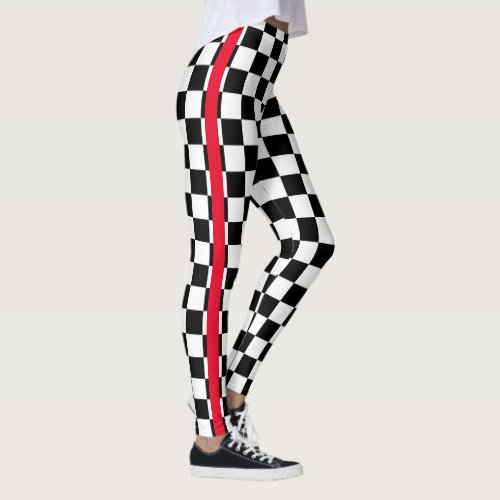 Cool Black White Checkered Flag Pattern Red Stripe Leggings