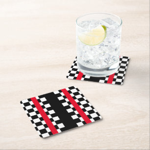 Cool Black White Checkered Flags Pattern Square Paper Coaster