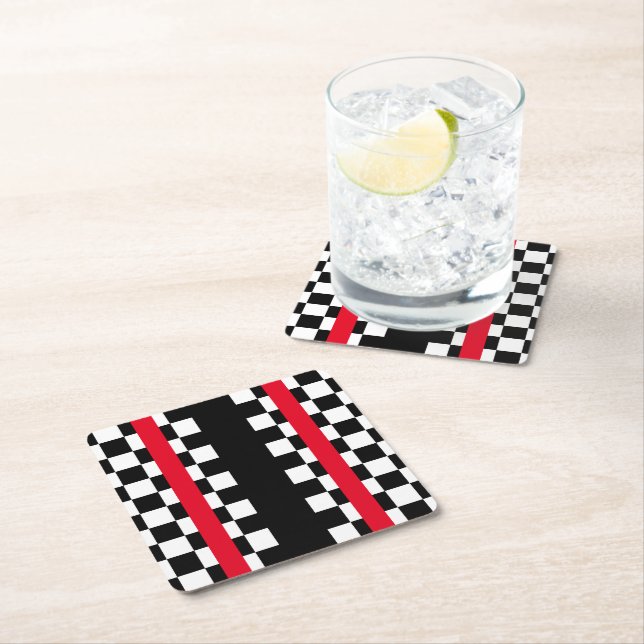 Cool Black White Checkered Flags Pattern Square Paper Coaster (Insitu)
