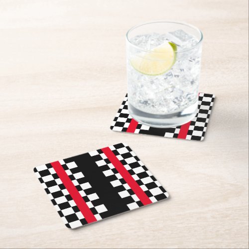 Cool Black White Checkered Flags Pattern Square Square Paper Coaster