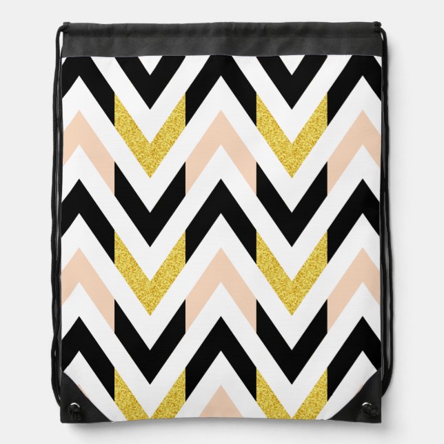 Cool Black White Gold Pink Chevron Design Drawstring Bag (Front)