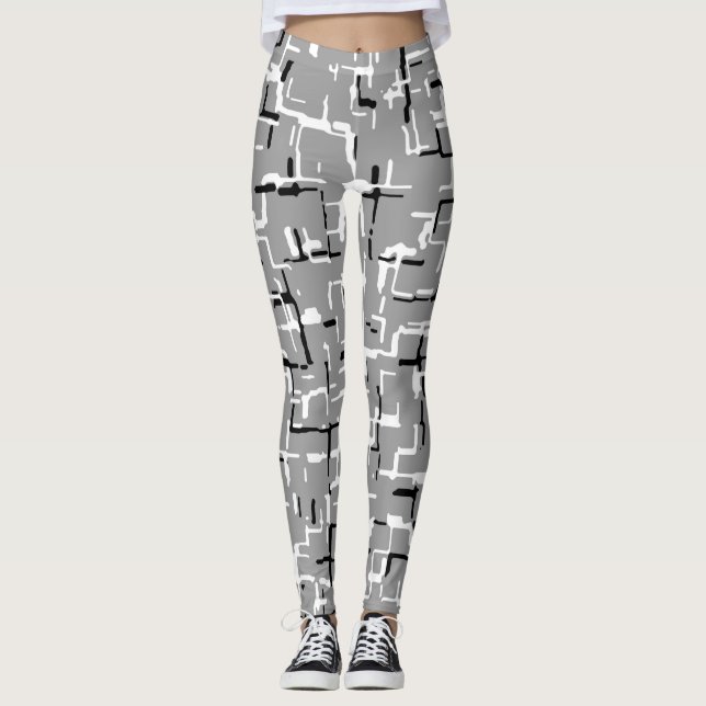 COOL Black White Gray Abstract Pattern Leggings (Front)
