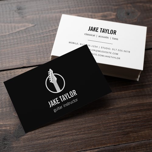 Cool Black  White Guitar Lessons Business Card