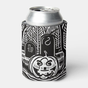 Cool Black White Halloween Pumpkin Cemetery Art Can Cooler