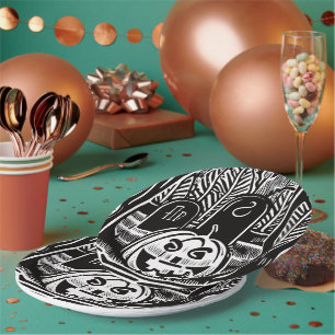 Cool Black White Halloween Pumpkin Cemetery Art Paper Plates