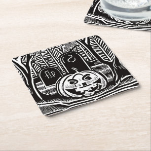 Cool Black White Halloween Pumpkin Cemetery Art Square Paper Coaster