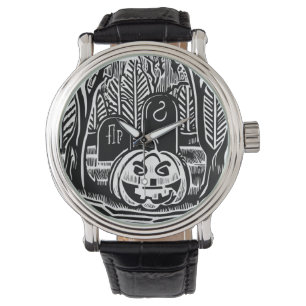 Cool Black White Halloween Pumpkin Cemetery Art Watch