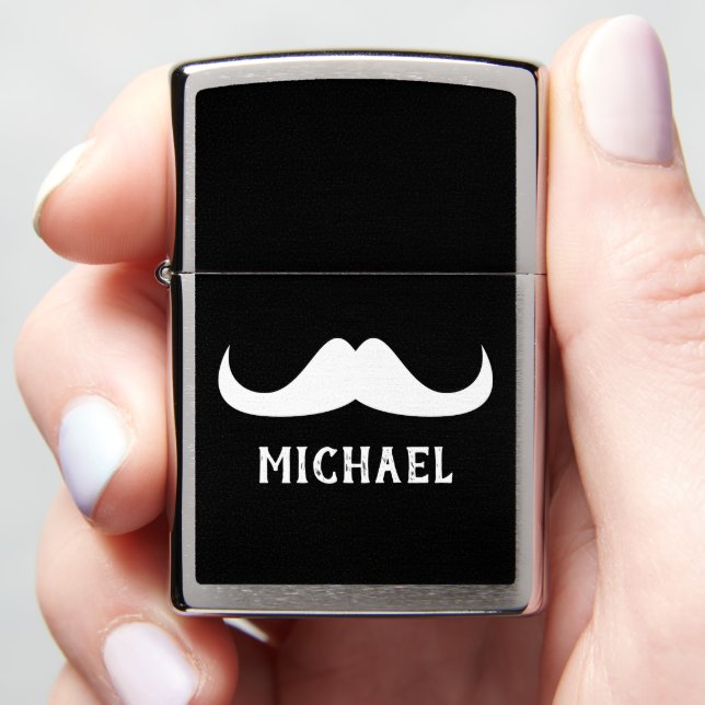 Cool Black White Handlebar moustache Custom name Zippo Lighter (In Hand)