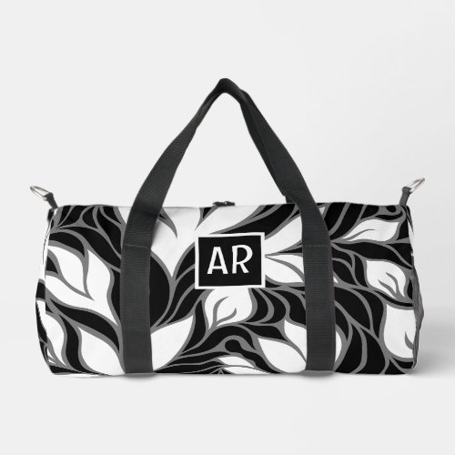 Cool Black  White Modern Floral Pattern Monogram Duffle Bag