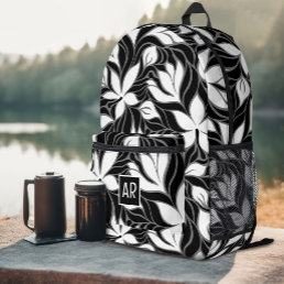 Cool Black White Modern Floral Pattern Monogrammed Printed Backpack