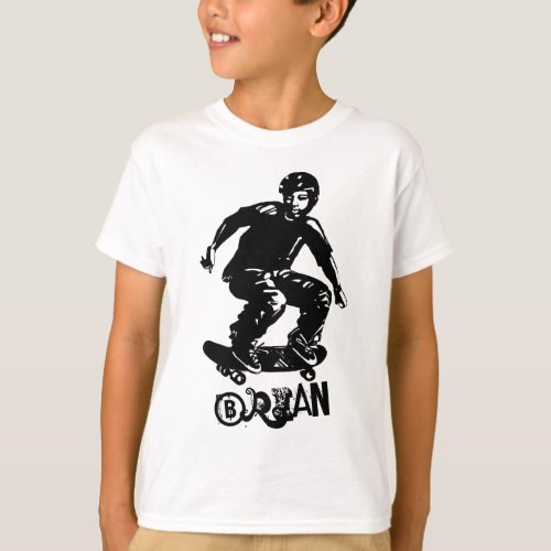Cool Black White Skateboarder Custom Name T_Shirt