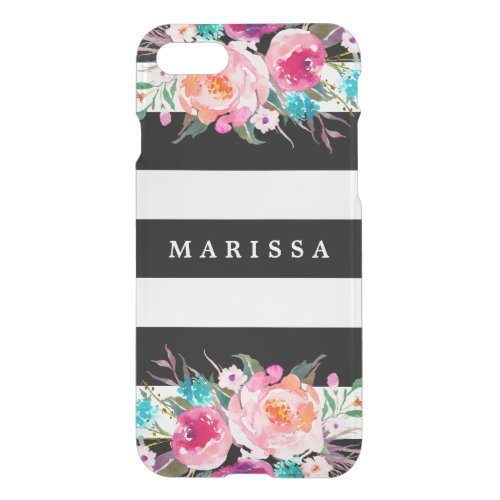Cool Black White Stripe Pink Floral Watercolor iPhone SE87 Case