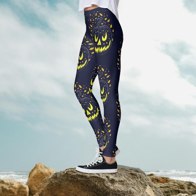 Cool Black Yellow Jack O Lantern Pumpkin Halloween Leggings (Creator Uploaded)