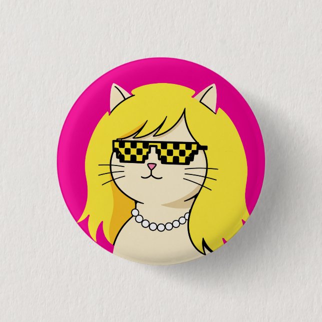 Cool Blonde Cat with Pixel Deal With It Sunglasses Button (Front)