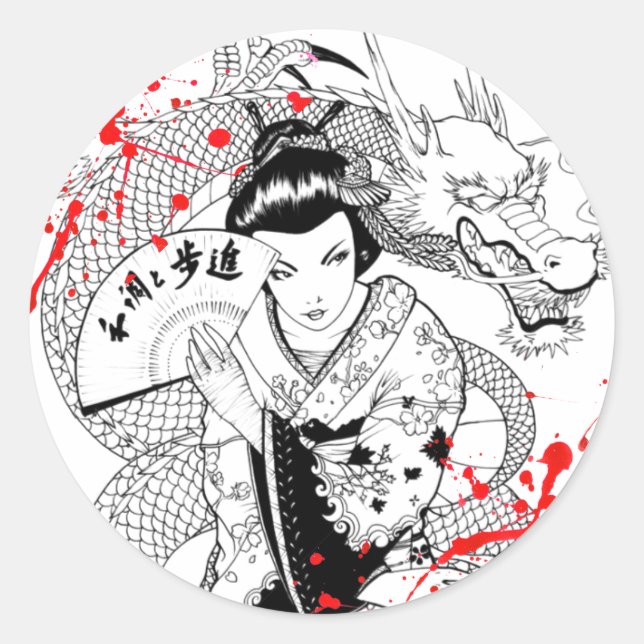 Cool blood splatter geisha with fan dragon tattoo classic round sticker (Front)