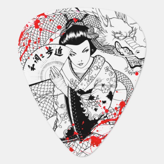 Cool blood splatter geisha with fan dragon tattoo guitar pick (Front)