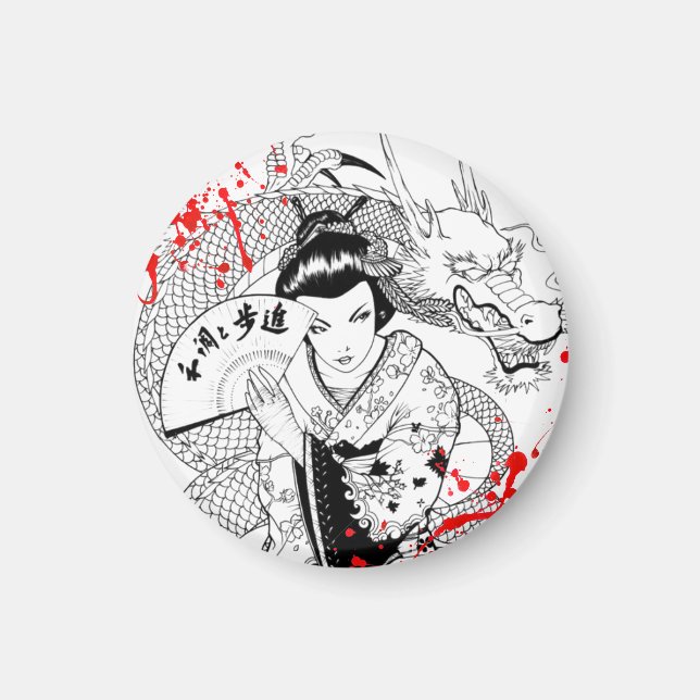 Cool blood splatter geisha with fan dragon tattoo magnet (Front)