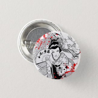 Cool blood splatter geisha with fan dragon tattoo pinback button