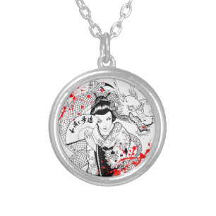 Cool blood splatter geisha with fan dragon tattoo silver plated necklace