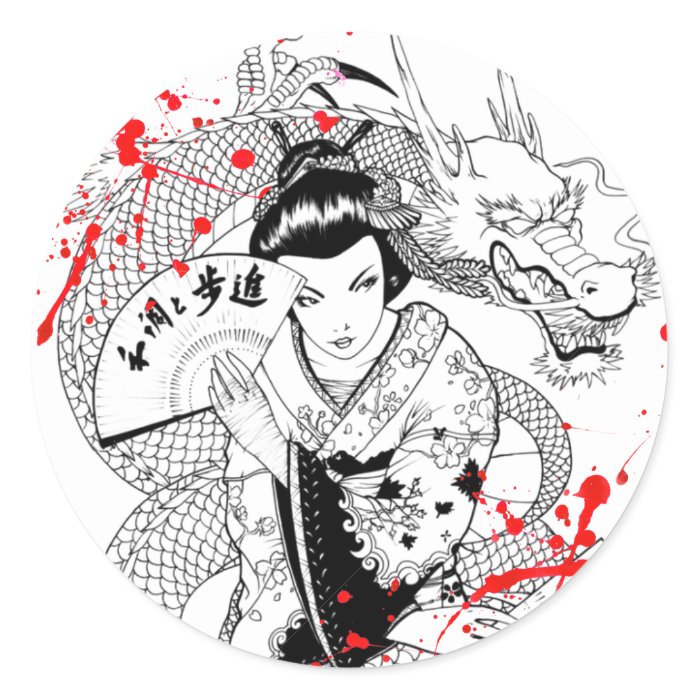 Cool blood splatter geisha with fan dragon tattoo stickers