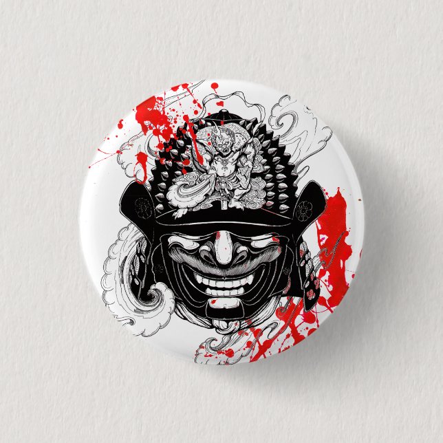 Cool blood splatter samurai demon mask helm tattoo button (Front)
