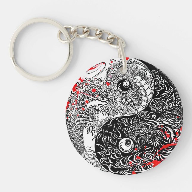 Cool blood splatter Yin Yang Dragons tattoo art Keychain (Front)