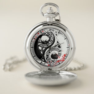 Cool blood splatter Yin Yang Dragons tattoo art Pocket Watch