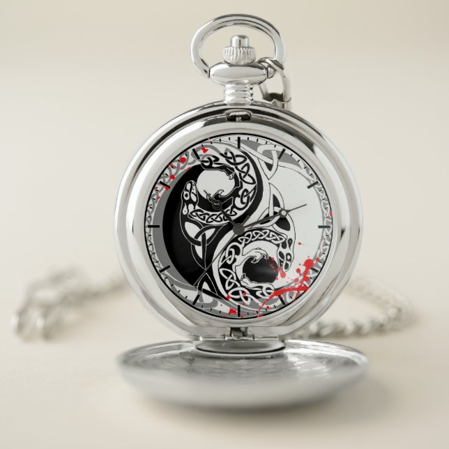 Cool blood splatter Yin Yang Dragons tattoo art Pocket Watch (Inside)