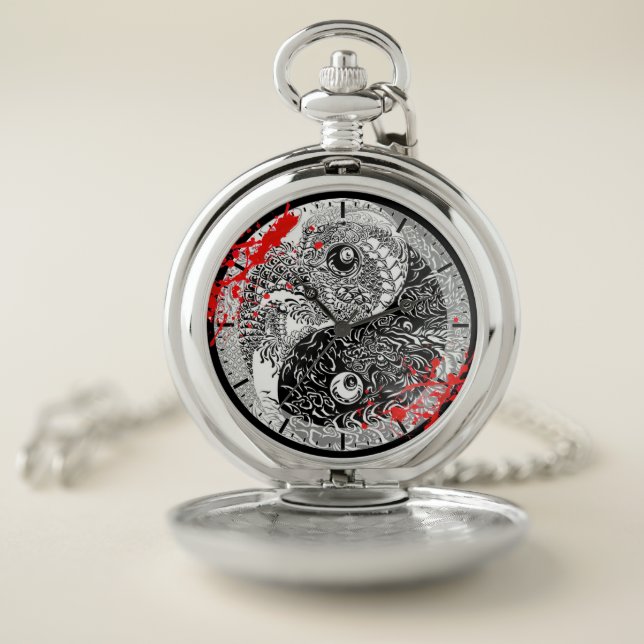 Cool blood splatter Yin Yang Dragons tattoo art Pocket Watch (Inside)