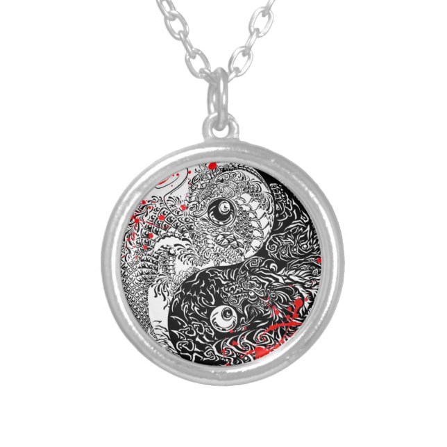 Cool blood splatter Yin Yang Dragons tattoo art Silver Plated Necklace (Front)