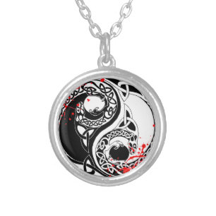 Cool blood splatter Yin Yang Dragons tattoo art Silver Plated Necklace
