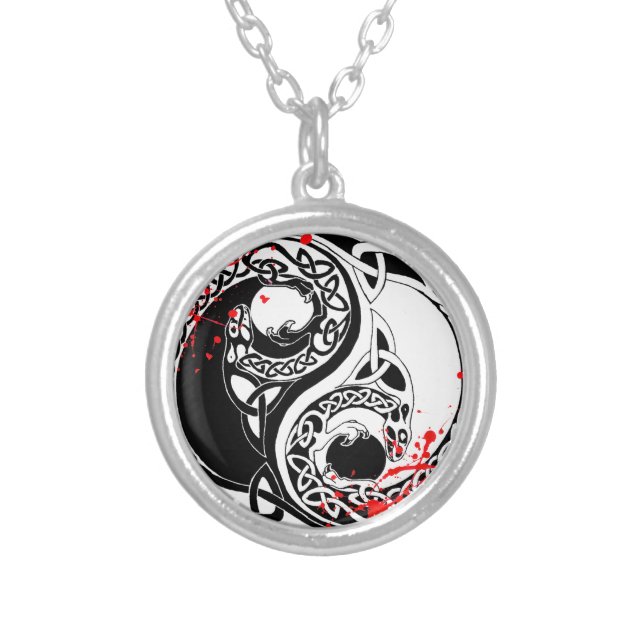 Cool blood splatter Yin Yang Dragons tattoo art Silver Plated Necklace (Front)