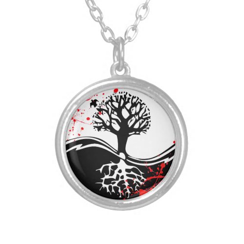 Cool blood splatter Yin Yang Tree tattoo art Silver Plated Necklace