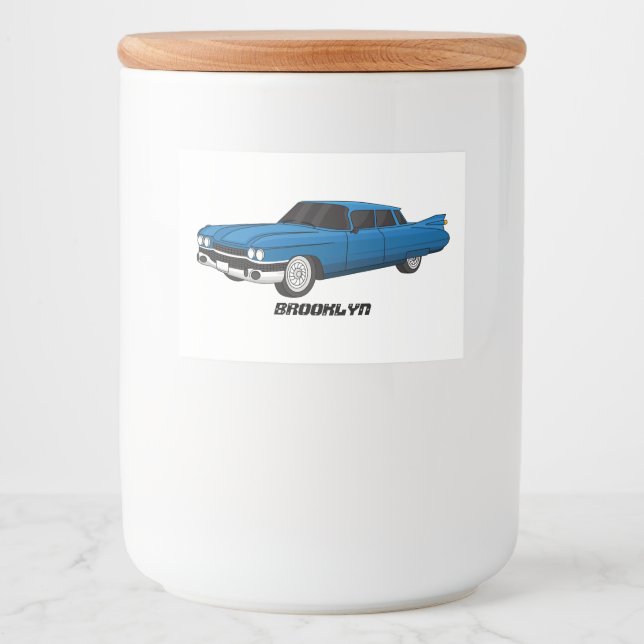 Cool blue 1959 classic car food label (Front)